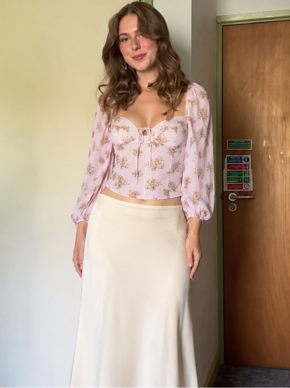 ritzia Wilfred Novella Floral Corset Blouse Light Pink & Tan Sweetheart Neck